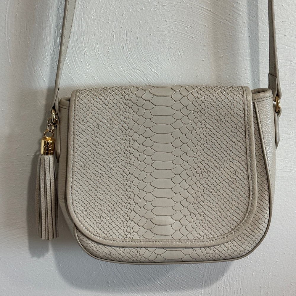 GiGi New York Cream Crossbody with Snake-Embossed Texture and Tassel